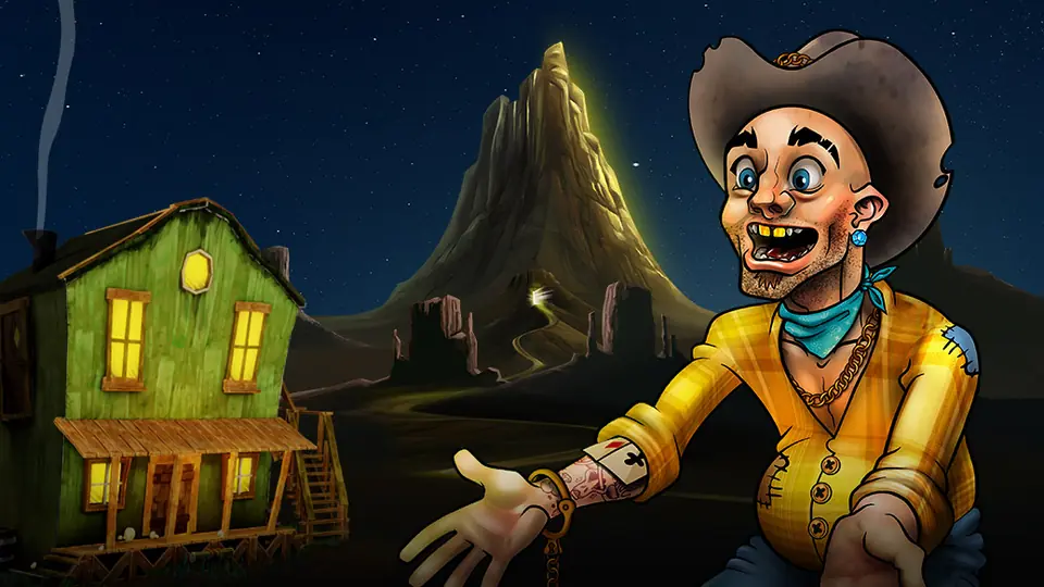 Lucky Nugget character Brad in a gold rush town at night