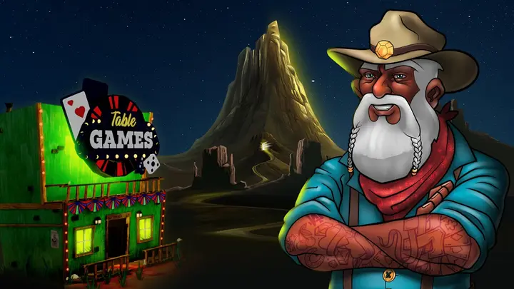 Digging Dan, the Lucky Nugget miner, outside the Table Games saloon