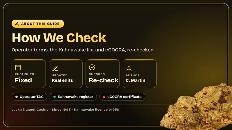Lucky Nugget Casino guide card showing the author byline, the three page dates and the list of guide pages