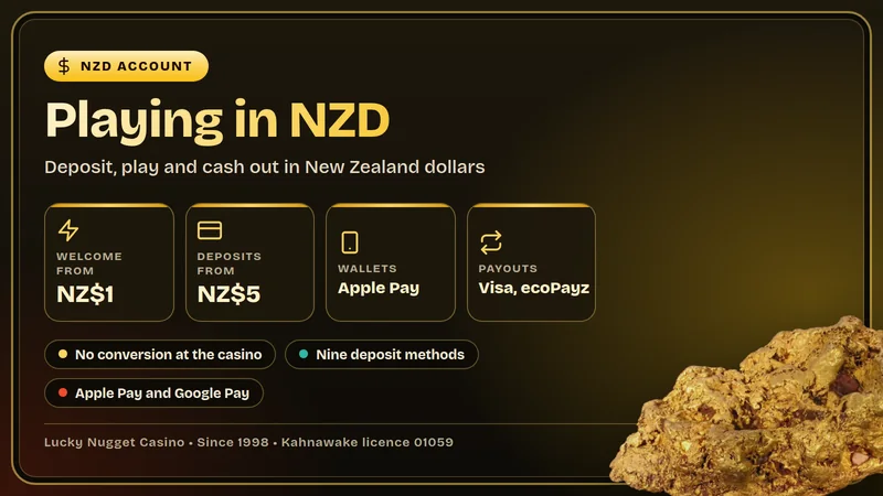 Illustrated card showing an NZD account at Lucky Nugget Casino with a NZ$1 first deposit, NZ$5 steps and the NZ dollar sign on the balance