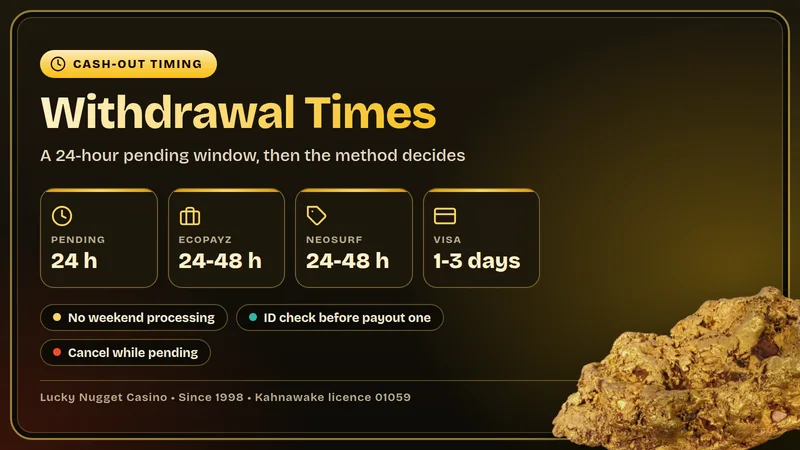 Illustrated Lucky Nugget Casino card showing the payout path: request, 24-hour pending period, weekend pause, then Visa in 1-3 business days or ecoPayz and Neosurf in 24-48 hours